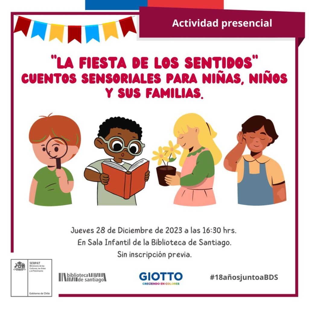afiche que promociona la actividad de cuentos sensoriales en la Biblioteca de Santiago