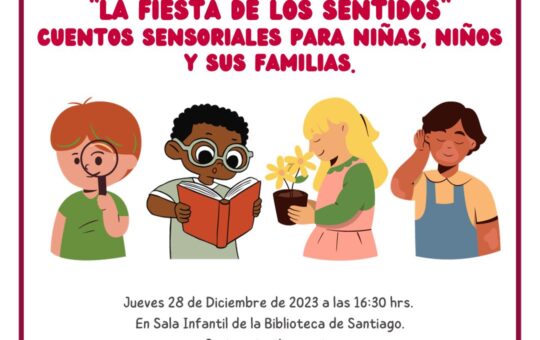 afiche que promociona la actividad de cuentos sensoriales en la Biblioteca de Santiago
