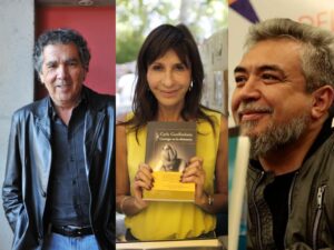 Una foto de los tres ganadores del Premio Alfaguara. Estos corresponden a Hernán Rivera Letelier, Carla Guelfenbein y Cristián Alarcón